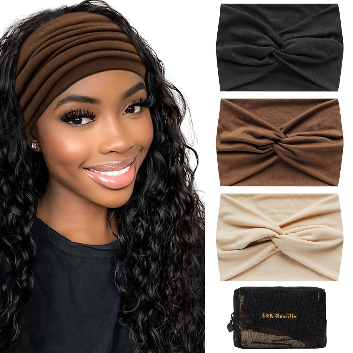 S&amp;amp;N Remille Wide Headbands for Women, Large Hairband, Elastic Non-Slip Headband Twist Knotted Accessories, Yoga Workout Vintage Hair 3 Pack (Colour-8)
