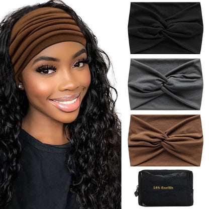 S&amp;amp;N Remille Wide Headbands for Women, Large Hairband, Elastic Non-Slip Headband Twist Knotted Accessories, Yoga Workout Vintage Hair 3 Pack