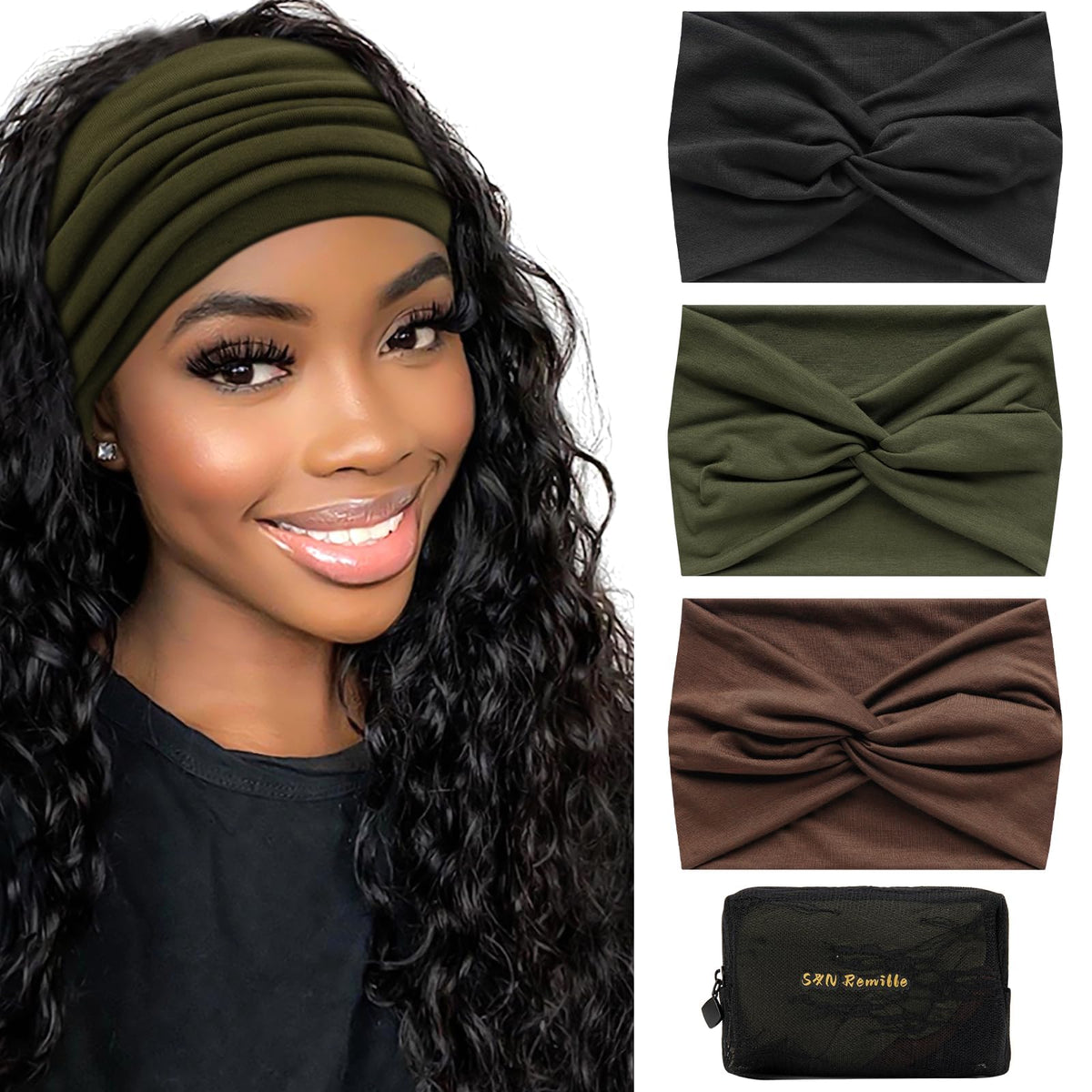S&amp;amp;N Remille Wide Headbands for Women, Large Hairband, Elastic Non-Slip Headband Twist Knotted Accessories, Yoga Workout Vintage Hair 3 Pack (Colour-7)