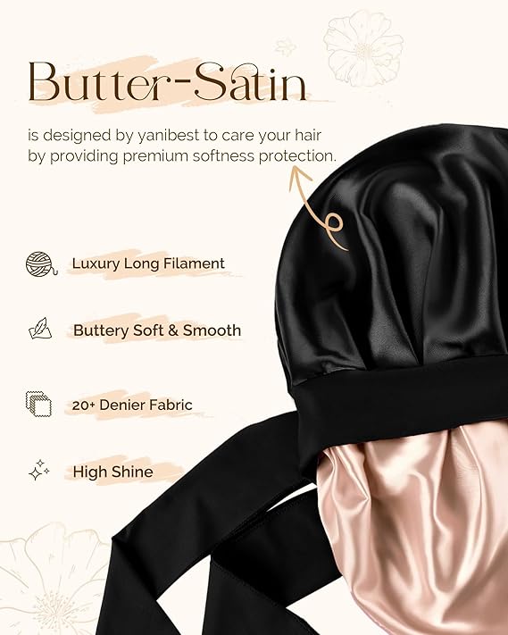 satin (silk-like) material that helps retain hair moisture