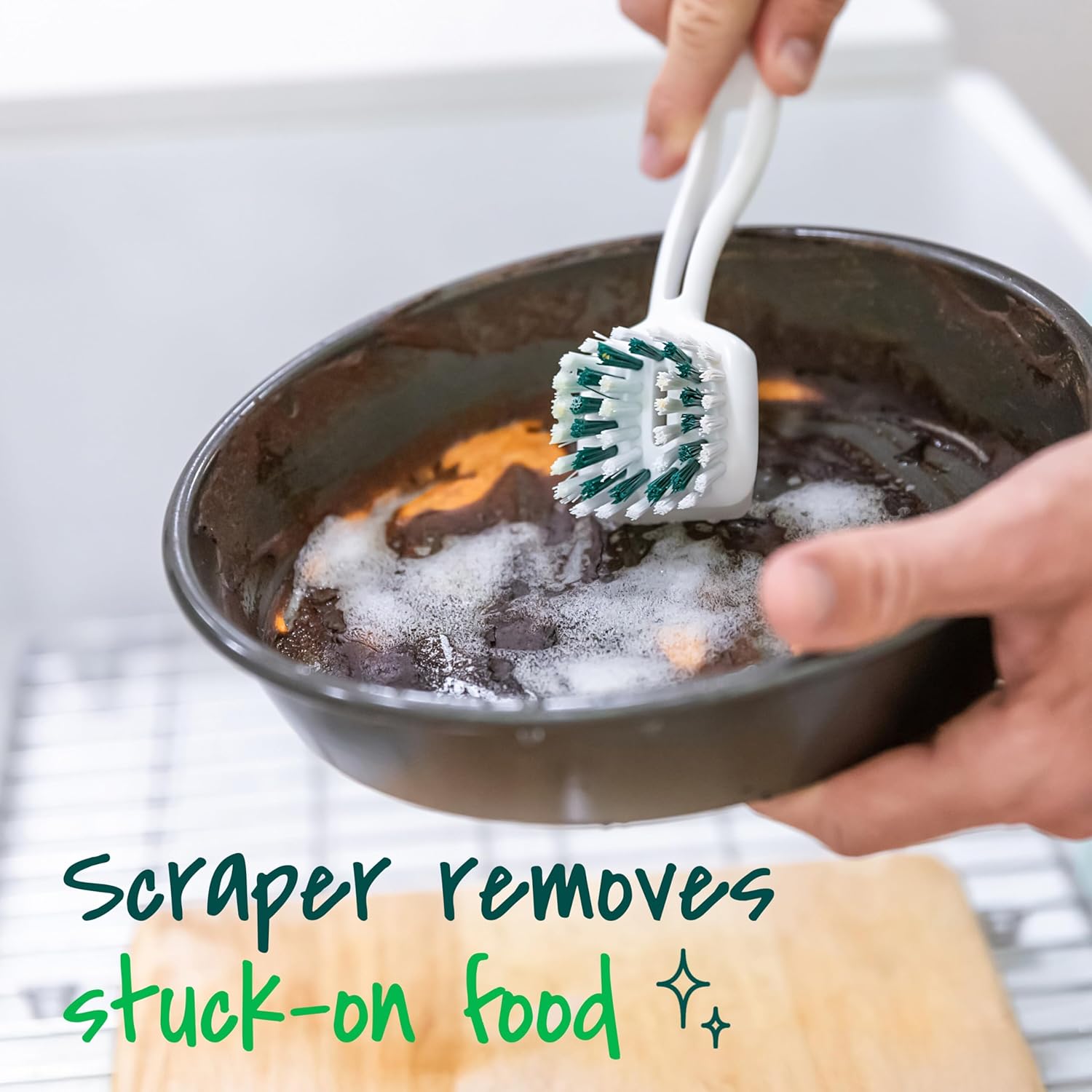 Scotch-Brite Pot and Pan Brush with Long Handle for Everyday Dishwashing, Stainless Steel and Non-Stick Cookware Scrubber, Antimicrobial
