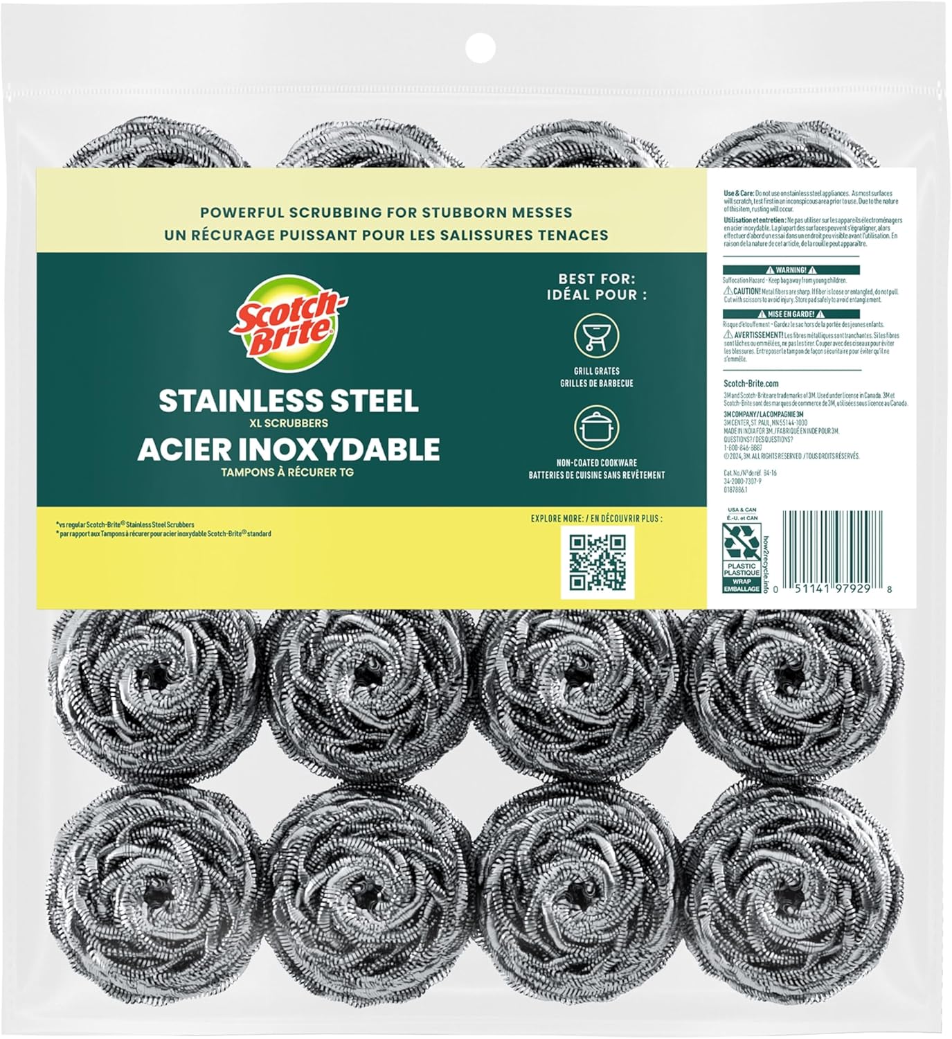 Scotch-Brite Stainless Steel Scrubbers in Neutral Silver, Streamlined Scouring Pads for a Clutter-Free Sink 16 Pack