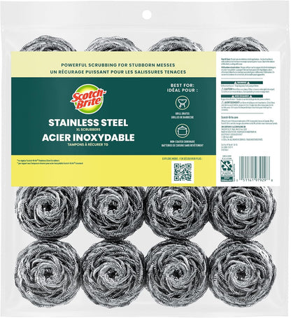 Scotch-Brite Stainless Steel Scrubbers in Neutral Silver, Streamlined Scouring Pads for a Clutter-Free Sink 16 Pack