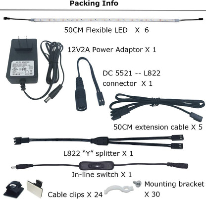 self-adhesive backing plus included mounting clips, screws, cable ties and extension cables