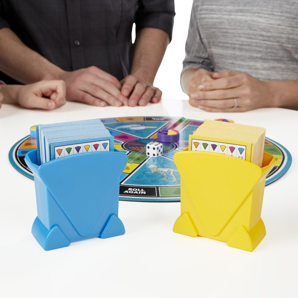 self-contained components (gameboard, cards, cardholders, tokens, wedges, die) with no power or assembly needed