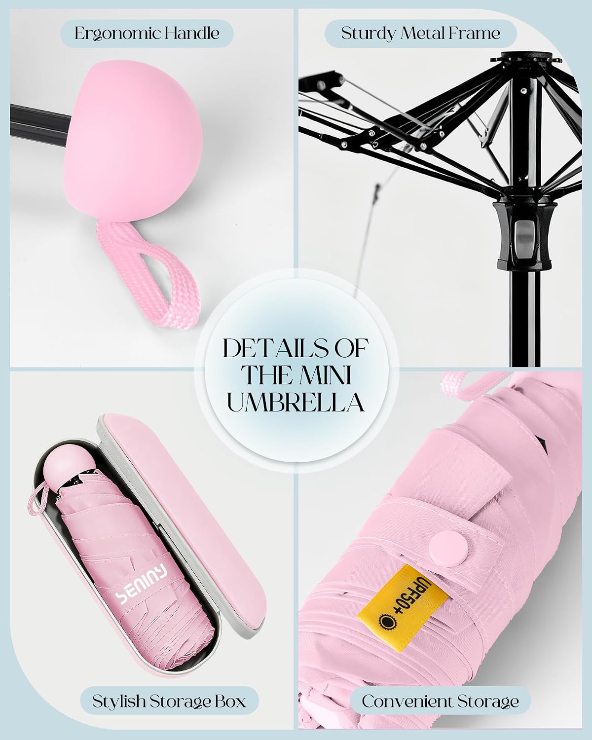 Seniny Mini Travel Umbrella – Travel Day Gift and Personal Accessory, Folding Pocket Umbrella for Sun and Showers