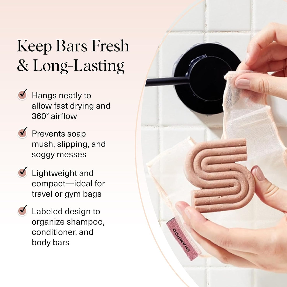 separate labeled pouches for body wash, shampoo, and conditioner bars