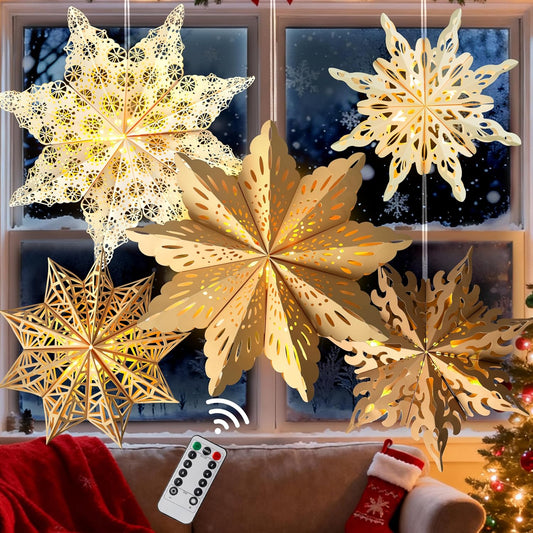 set includes 5 paper snowflake/star lanterns in 14-inch and 18-inch sizes with intricate hollow cutout designs