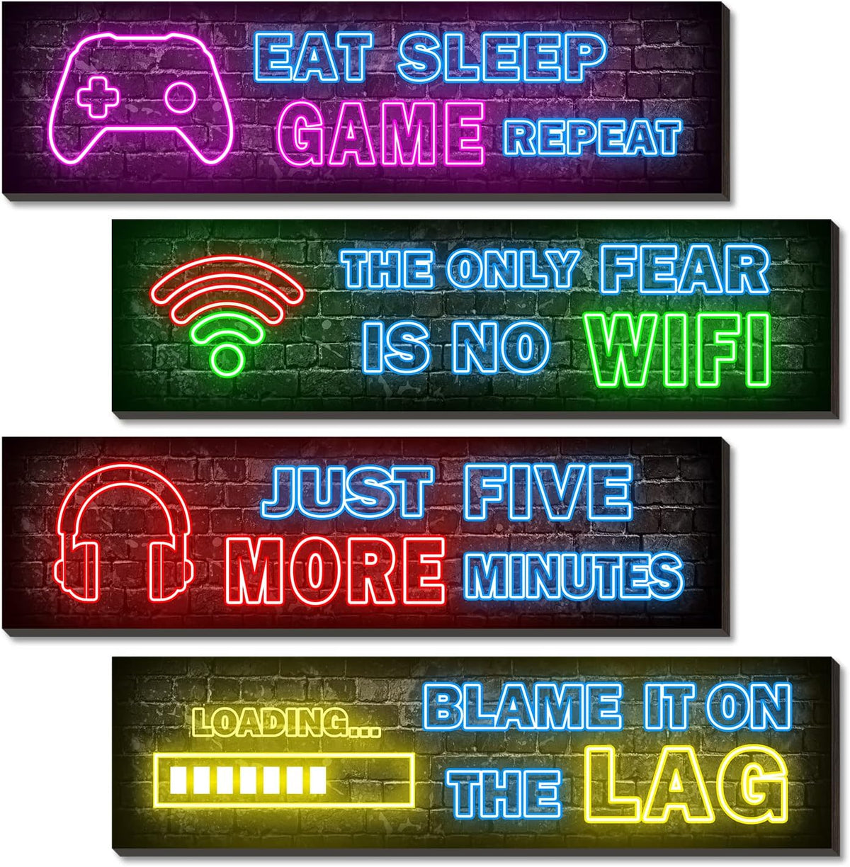 set of 4 pre-printed wooden posters in different neon gaming styles