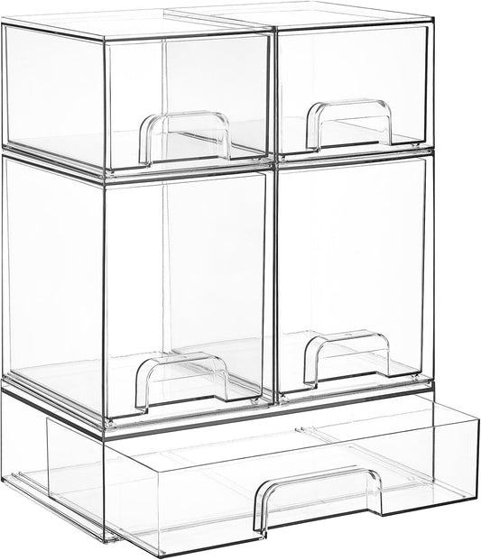 set of 5 stackable clear plastic drawers in mixed heights (4.4" and 7.6")