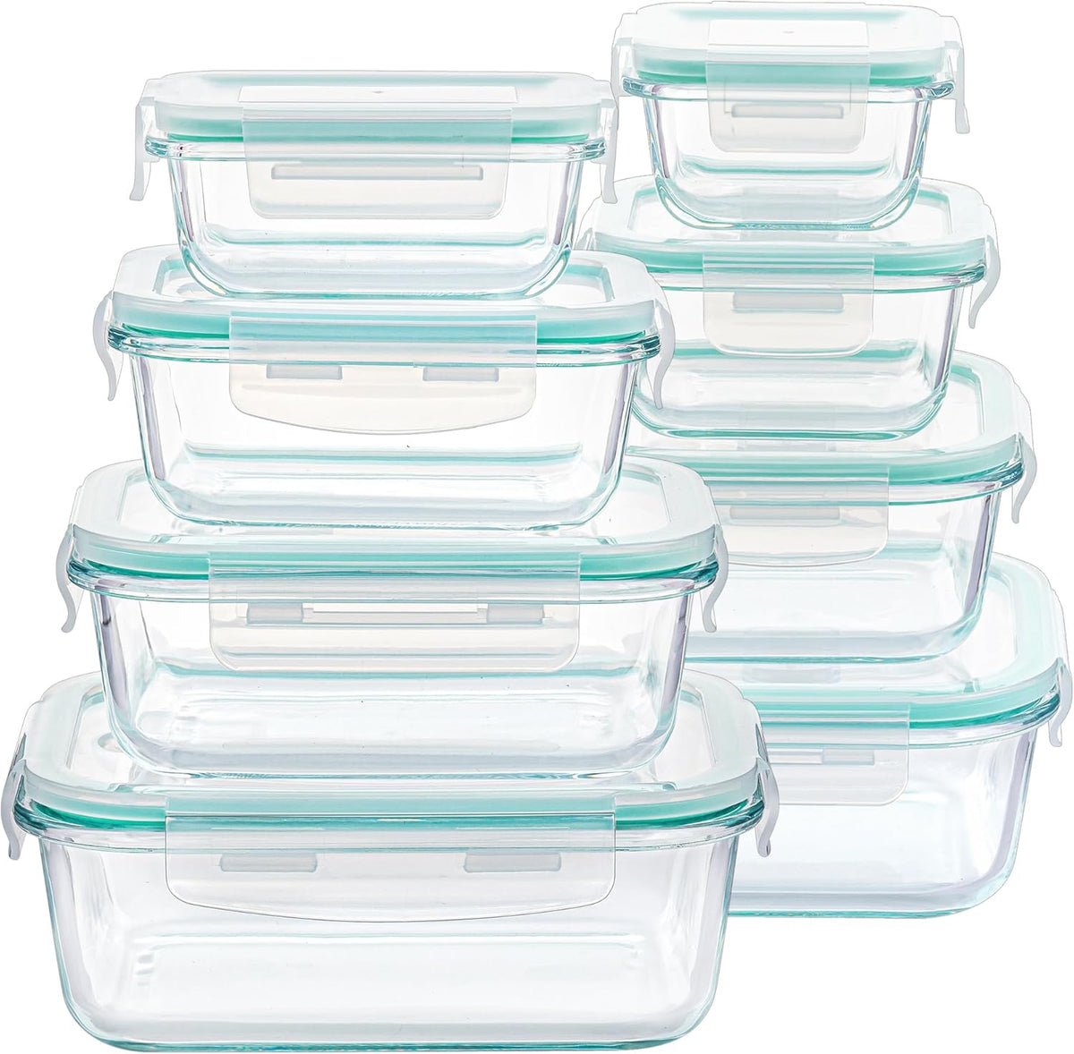 set of 8 borosilicate glass containers in 4 rectangle (5oz-35.1oz) and 4 square (6.8oz-27.1oz) sizes