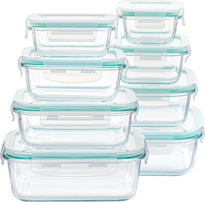 set of 8 borosilicate glass containers in 4 rectangle (5oz-35.1oz) and 4 square (6.8oz-27.1oz) sizes