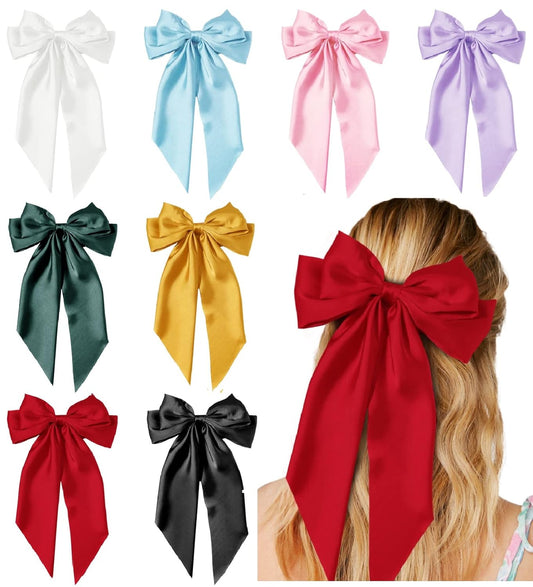 set of 8 handmade satin ribbon bow clips in 8 colors (black, white, dark brown, navy blue, light brown, beige, pink, grayish brown)