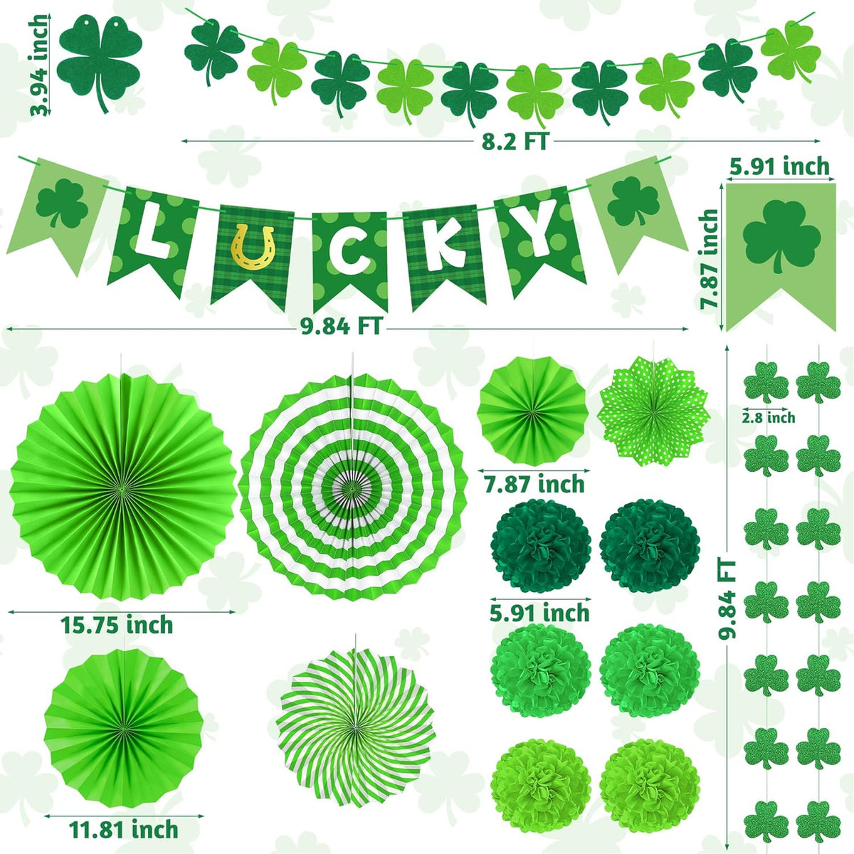 shamrock, beer mug, and hat motifs with green-dominant color palette