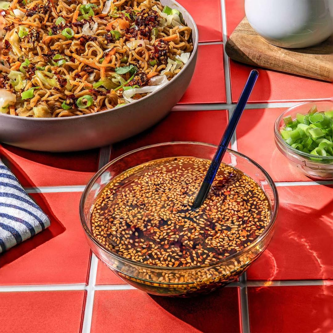 shelf-stable dried noodles with included dehydrated vegetable garnish packet