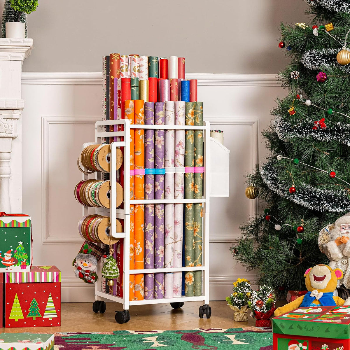 side-mounted ribbon ladder and integrated gift bag storage compartment