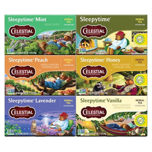 six distinct flavor varieties in one value pack (honey, vanilla, mint, peach, lavender, original sleepytime)