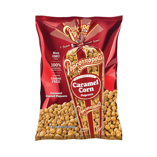 six flavor variations spanning classic caramel, mixed sweet-savory, extra-drizzled, spicy, cheesy, and novelty kids' flavors