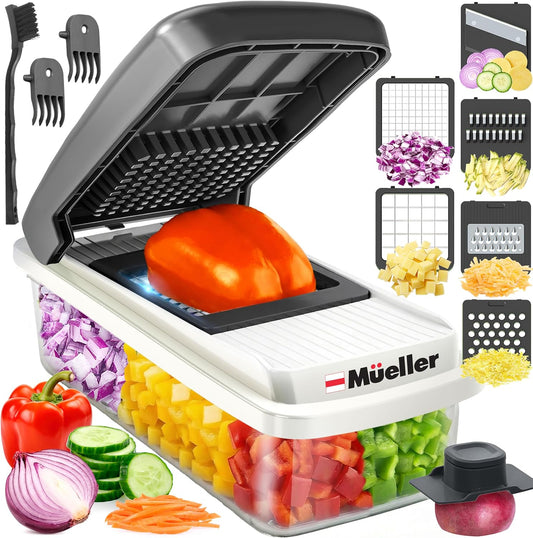 six interchangeable stainless-steel blades covering two chopper sizes plus slicing, julienne, and grating