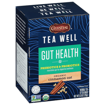 six organic flavor varieties: cinnamon oat, honey lemon, turmeric spice, ginger mint, carob licorice, lemon ginger