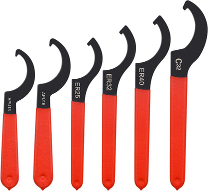six precision-sized spanner wrenches covering apu13, apu16, er25, er32, er40, and c32 fitments