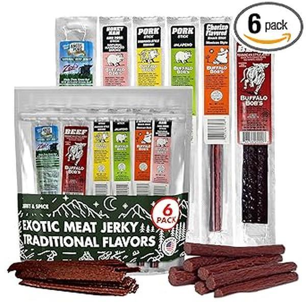 six-strip variety pack with venison, elk, alligator, wild boar, camel, and beef buffalo blends
