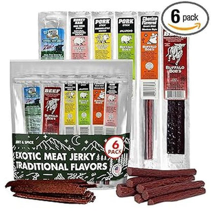 six-strip variety pack with venison, elk, alligator, wild boar, camel, and beef buffalo blends