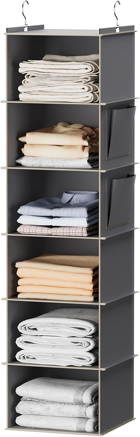 six-tier hanging shelf design with 12" x 12" x 48" footprint and 25 lb capacity