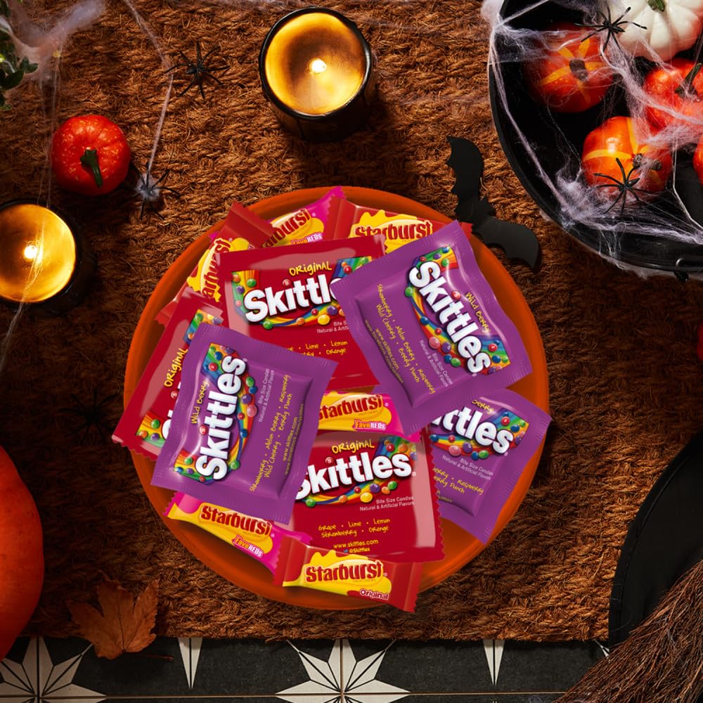 SKITTLES Fun Size Candy Bulk Variety – Kids Halloween Candy Bowl & Easter Basket Stuffer, 95 Piece Count