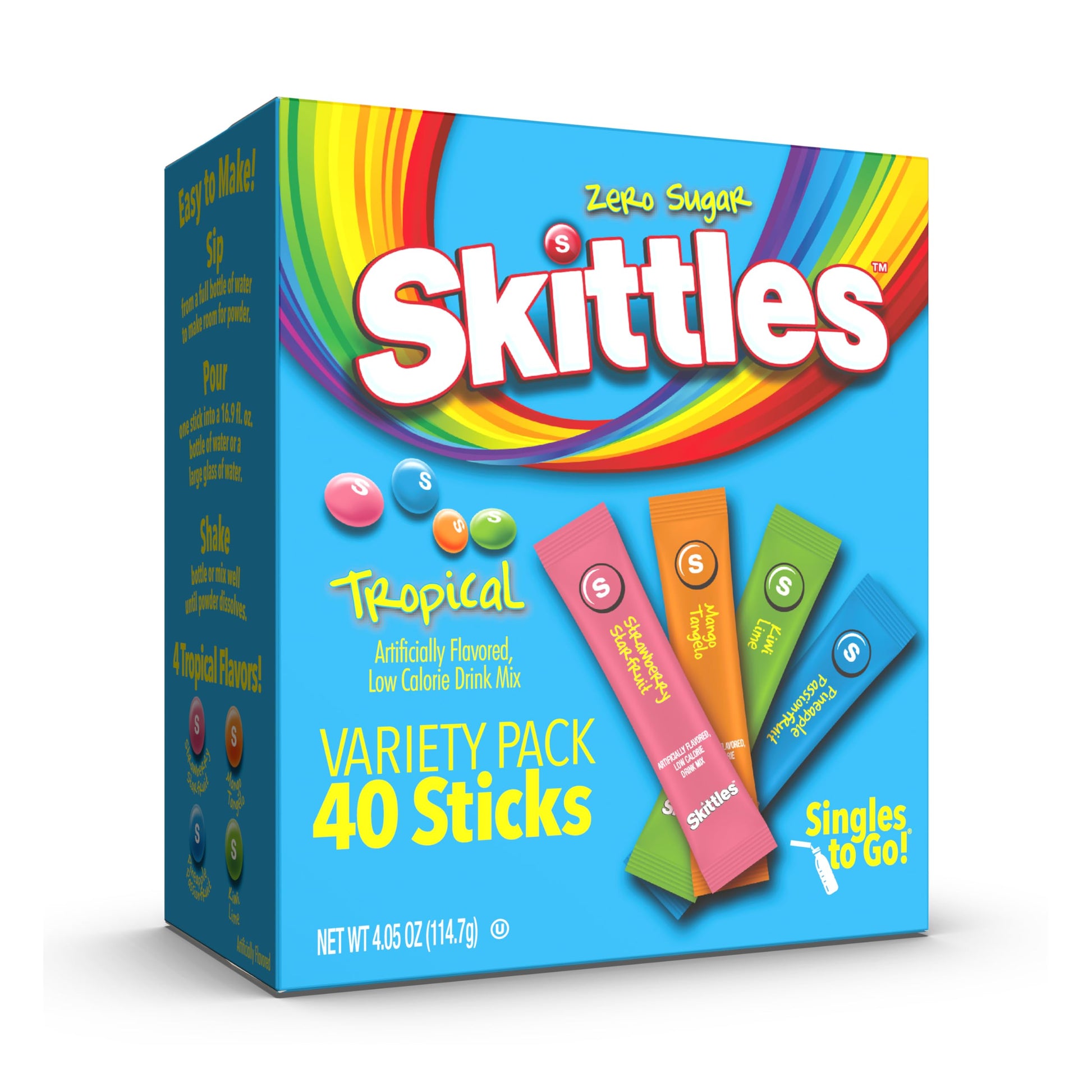 Skittles Singles To Go Powdered Drink Mix – Low Calorie Flavored Water for Office Desk and Gym Bag, Zero Sugar Variety Pack