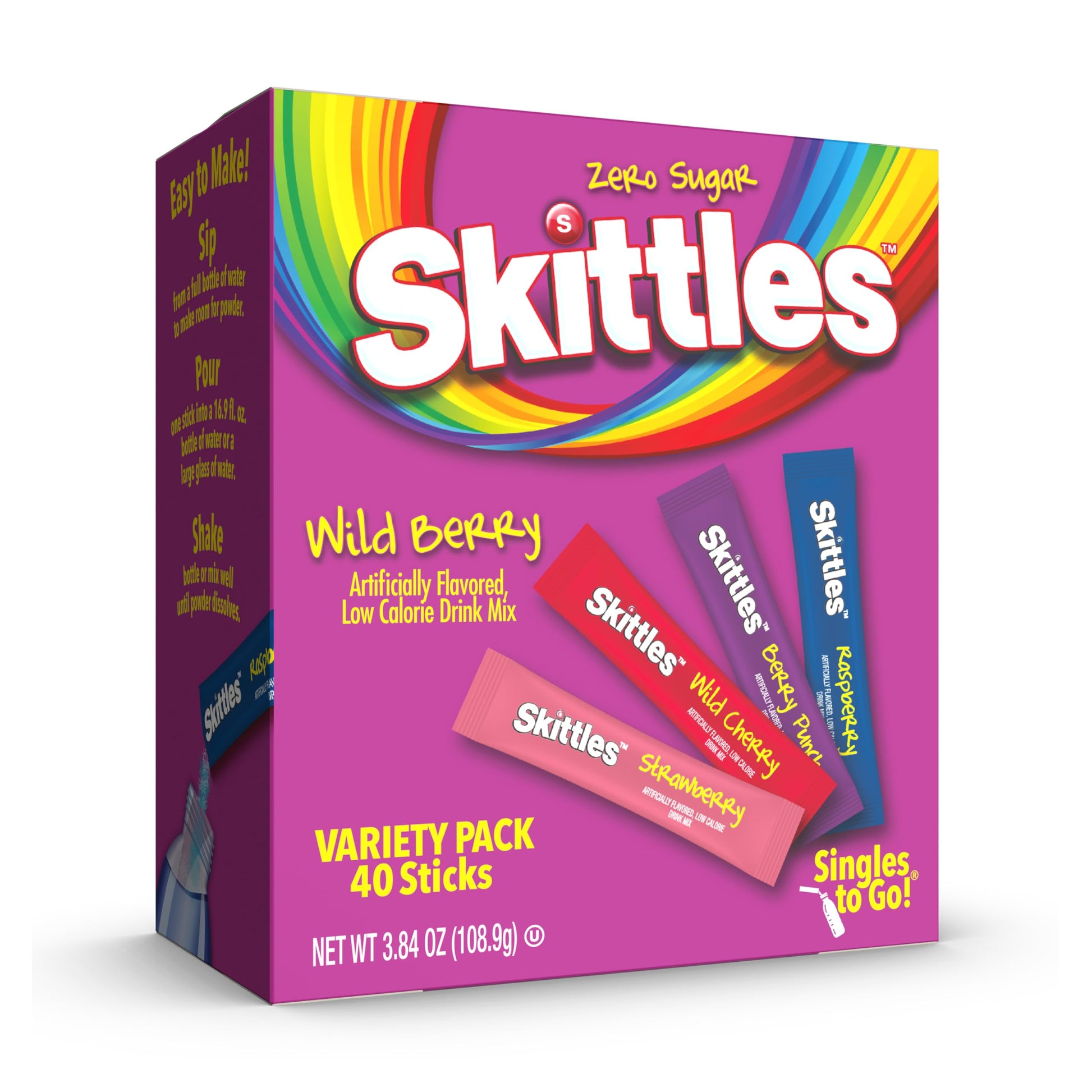 Skittles Singles To Go Powdered Drink Mix – Low Calorie Flavored Water for Office Desk and Gym Bag, Zero Sugar Variety Pack