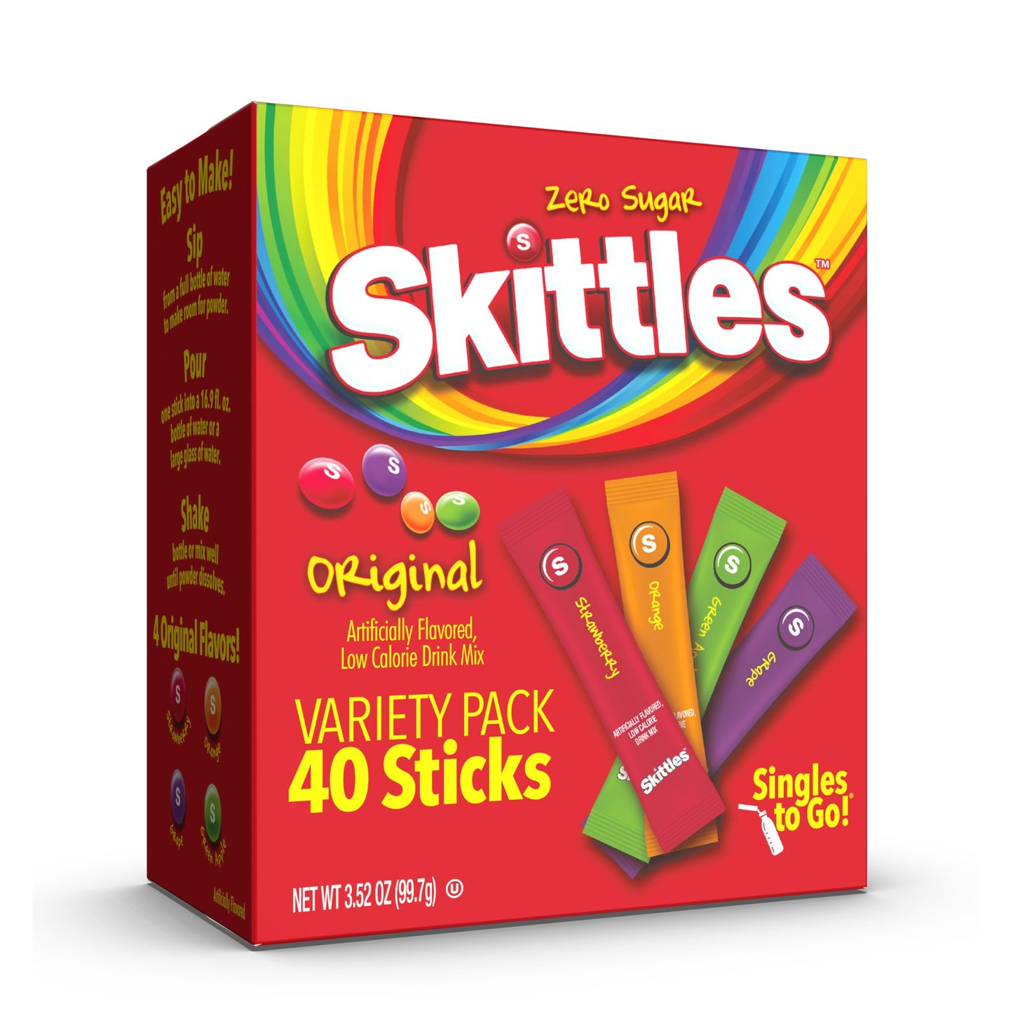 Skittles Singles To Go Powdered Drink Mix – Low Calorie Flavored Water for Office Desk and Gym Bag, Zero Sugar Variety Pack