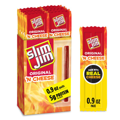 Slim Jim Beef &amp;#39;N Cheese Smoked Meat Sticks, Original Flavor, 5g Protein Per Serving, Snack Size, Easter Basket Stuffer for Men, 0.9 oz. (10 Count)