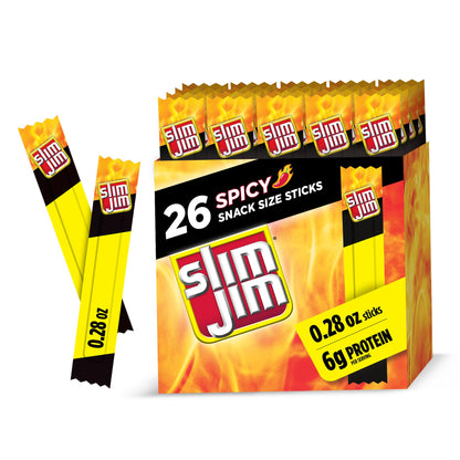 Slim Jim Smoked Meat Sticks, Spicy Flavor, 6g Protein Per Serving, Snack Size, Easter Basket Stuffer for Men, 0.28 oz. (26 Count)