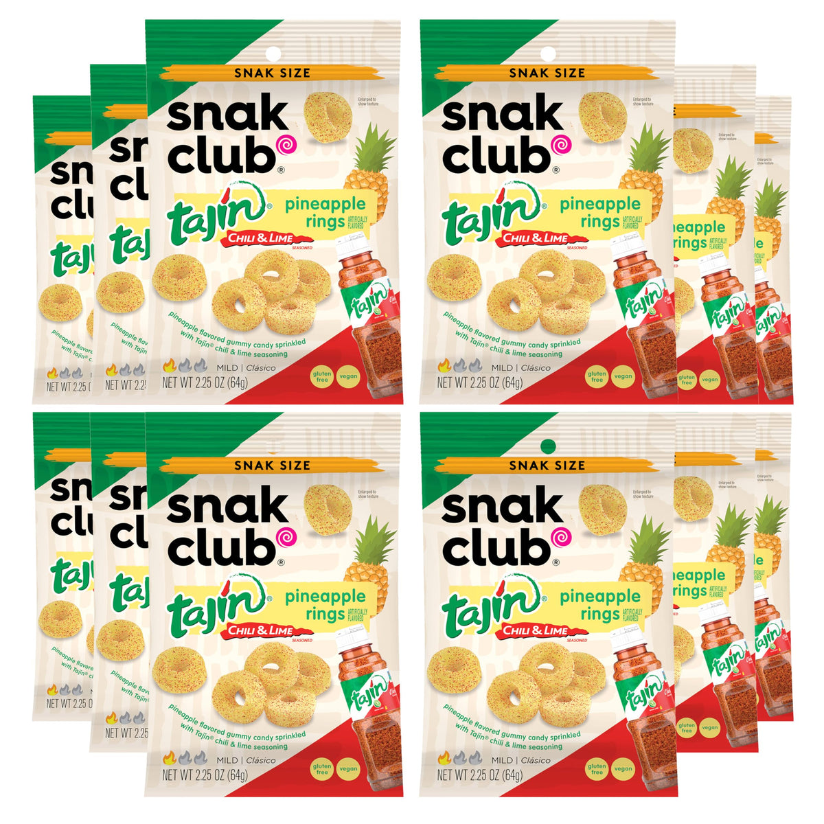 Snak Club Pineapple Rings, Tajin Chili &amp;amp; Lime Seasoned, Sweet and Spicy Gummy Candy, Mild in Heat Bold in Flavor, Low-Fat, Vegan, Gluten-Free Snack, Snack Size, 2.25 Ounce, 12 Count