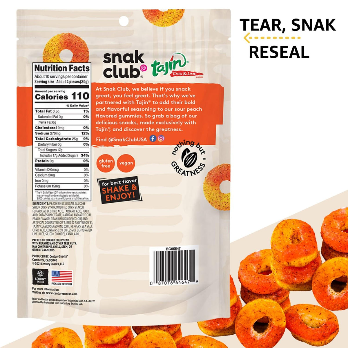 Snak Club Tajin Apple Rings Gummy Candy – Care Package Treat for College Students, Resealable Sweet-Spicy Gummy Bag, 11 oz