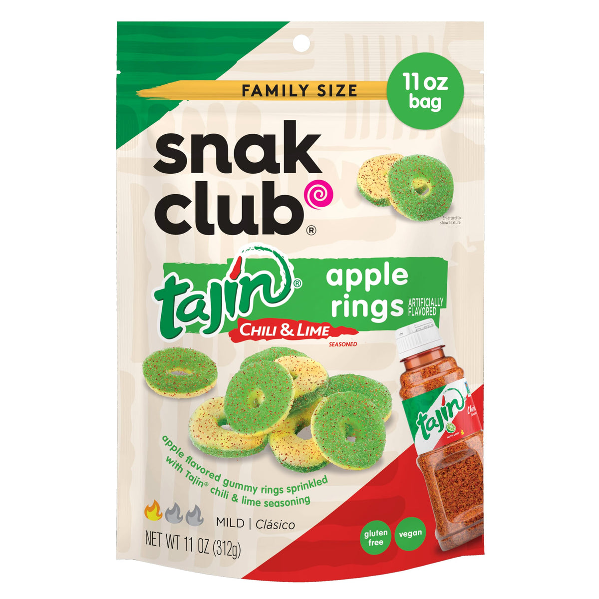 Snak Club Tajin Apple Rings Gummy Candy, Fruit Candy Gummies with Chili and Lime Seasoning, Mild, Gluten-Free and Vegan Snacks, 11 oz Resealable Bag
