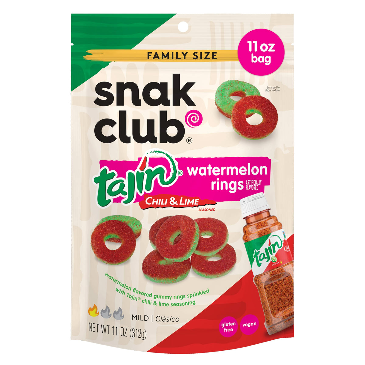 Snak Club Watermelon Rings, Tajin Chili &amp;amp; Lime Seasoned, Sweet and Spicy Gummy Candy, Mild in Heat Bold in Flavor, Low-Fat, Vegan, Gluten-Free Snack, Family Size, 11 Ounce