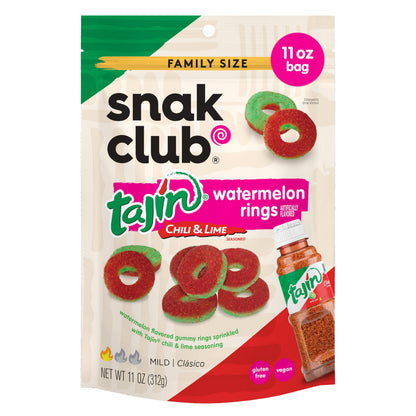 Snak Club Watermelon Rings, Tajin Chili &amp;amp; Lime Seasoned, Sweet and Spicy Gummy Candy, Mild in Heat Bold in Flavor, Low-Fat, Vegan, Gluten-Free Snack, Family Size, 11 Ounce