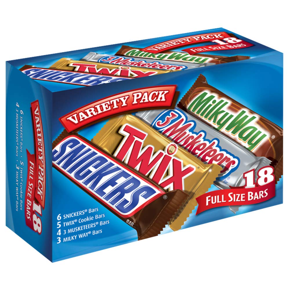 SNICKERS, TWIX, MILKY WAY &amp;amp; 3 MUSKETEERS Individually Wrapped Variety Pack Full Size Milk Chocolate Candy Bars Bulk Assortment, 33.31 oz, 18 Bars