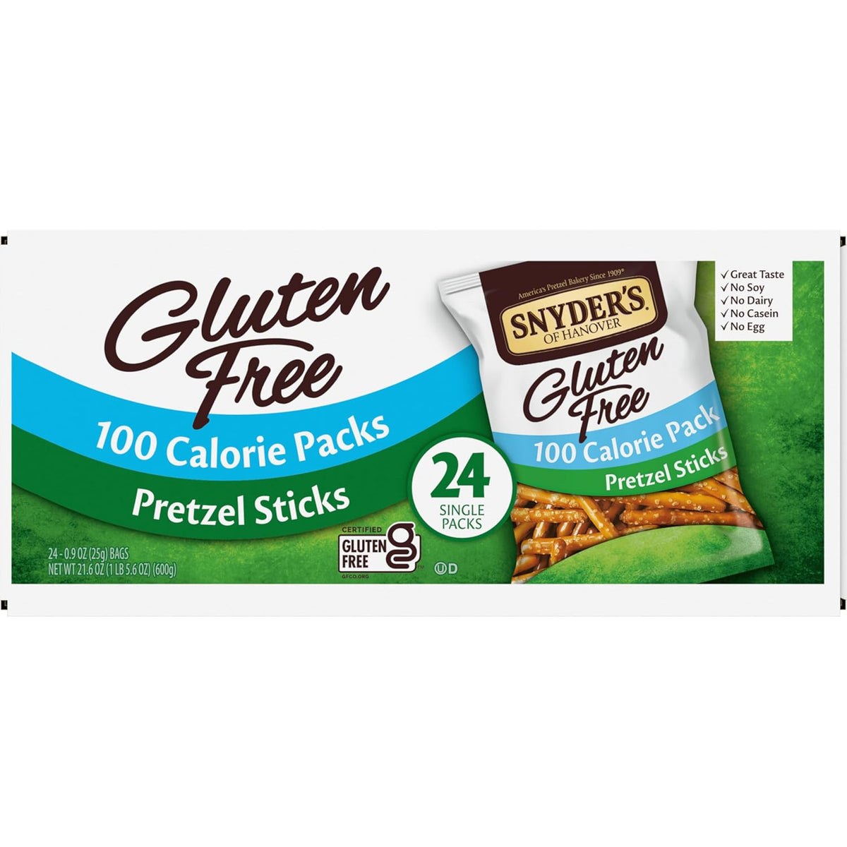 Snyder's of Hanover Gluten Free Pretzel Sticks – Allergy-Friendly After School Snack for Kids, 100 Calorie Packs, 24 Ct