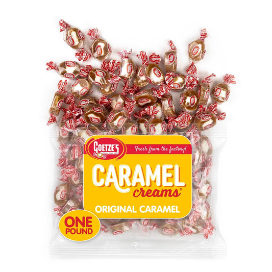 soft vanilla caramel with a cream-filled center in a 1 lb resealable bag