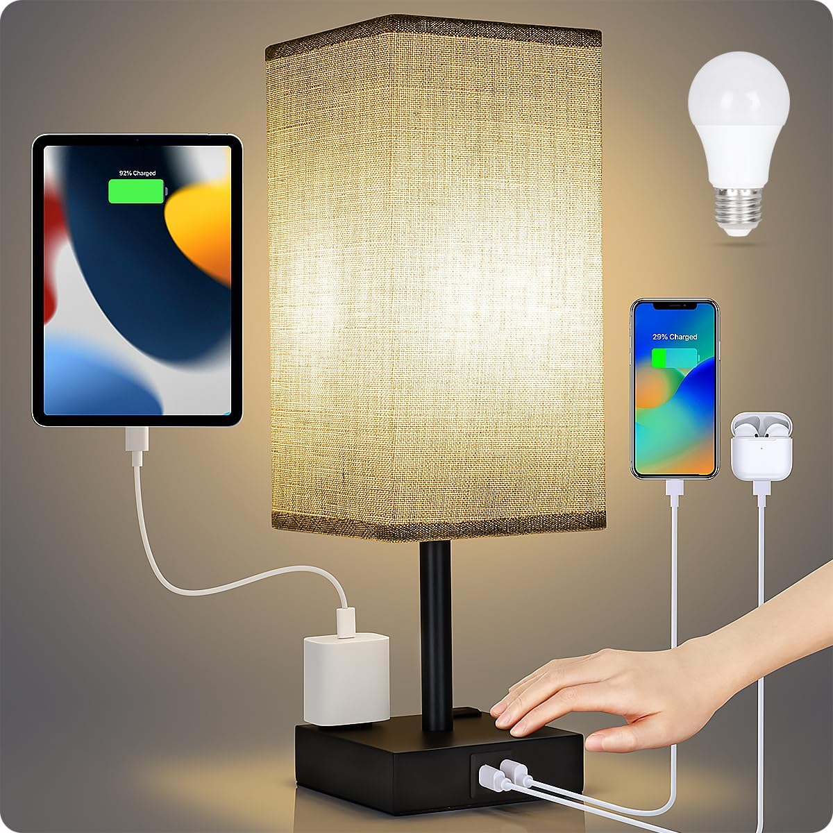 Soilsiu Touch Nightstand Lamp with AC Outlets, Practical Wedding Registry Gift for Couples