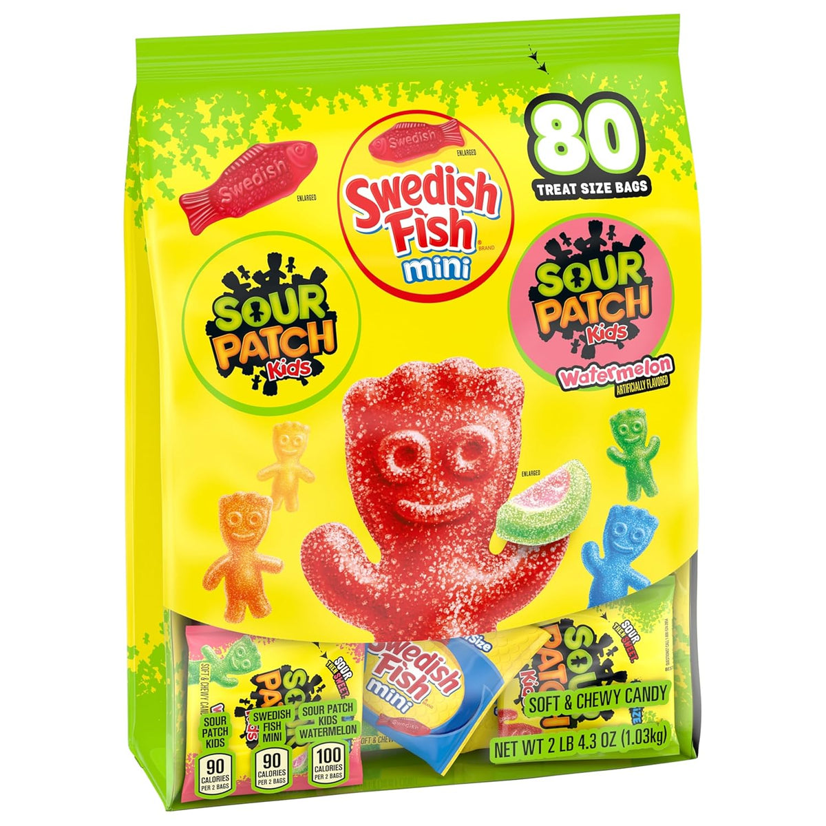 SOUR PATCH KIDS and SWEDISH FISH Mini Bulk Candy – Nostalgic Gift Basket Stuffer for Friends and Coworkers, 80 Treat Bags