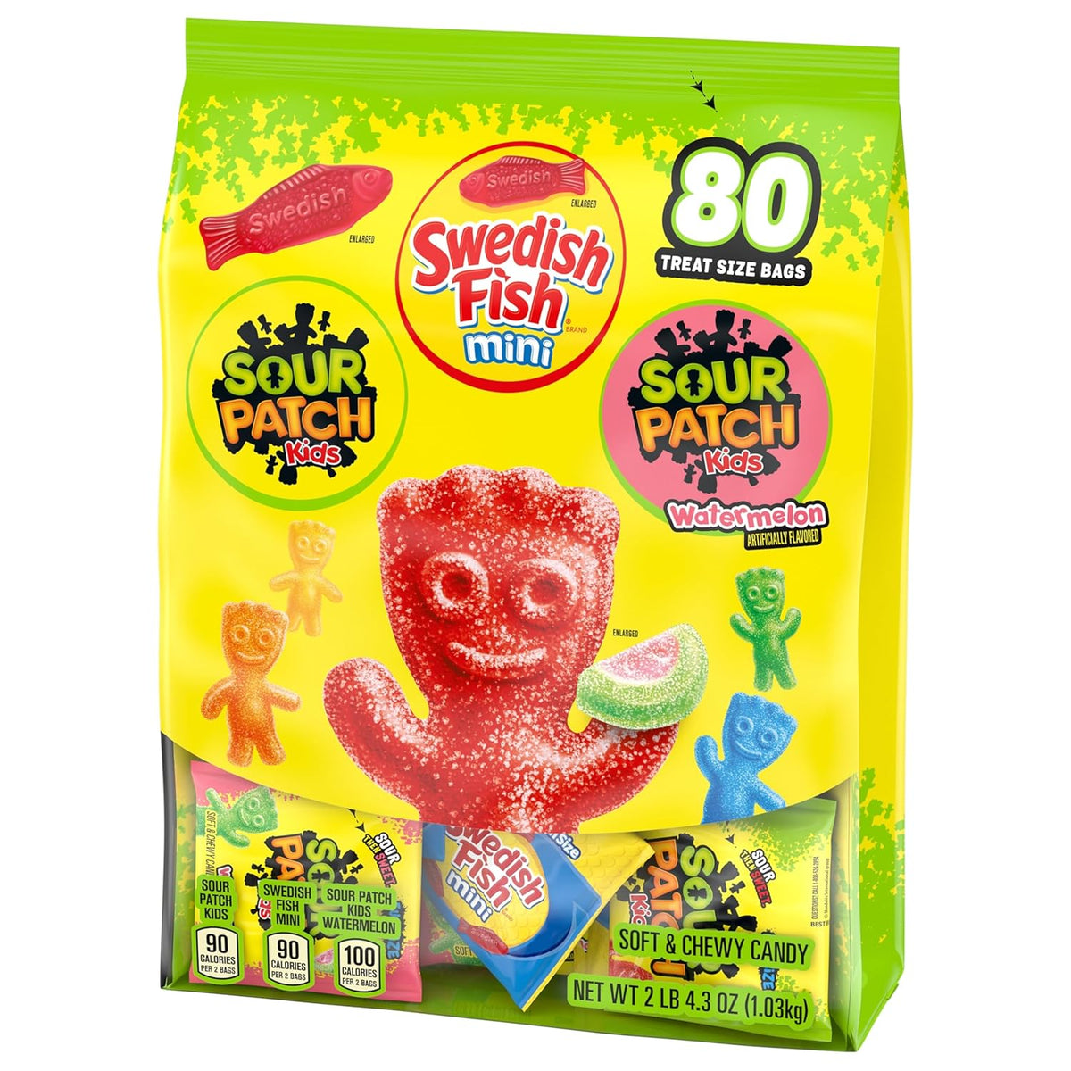 SOUR PATCH KIDS and SWEDISH FISH Mini Bulk Candy – Nostalgic Gift Basket Stuffer for Friends and Coworkers, 80 Treat Bags