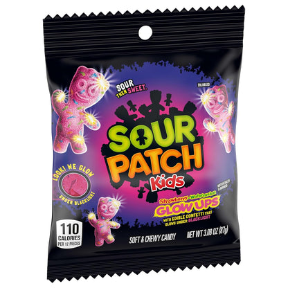 SOUR PATCH KIDS Glow Ups Strawberry-Watermelon Soft & Chewy Candy, Desk-Side Focus Snack for Home Office and Study Sessions, 12-3.08 oz Bags