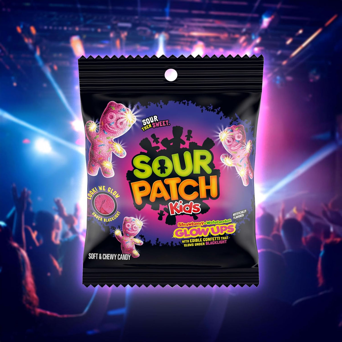SOUR PATCH KIDS Glow Ups Strawberry-Watermelon Soft & Chewy Candy, Desk-Side Focus Snack for Home Office and Study Sessions, 12-3.08 oz Bags