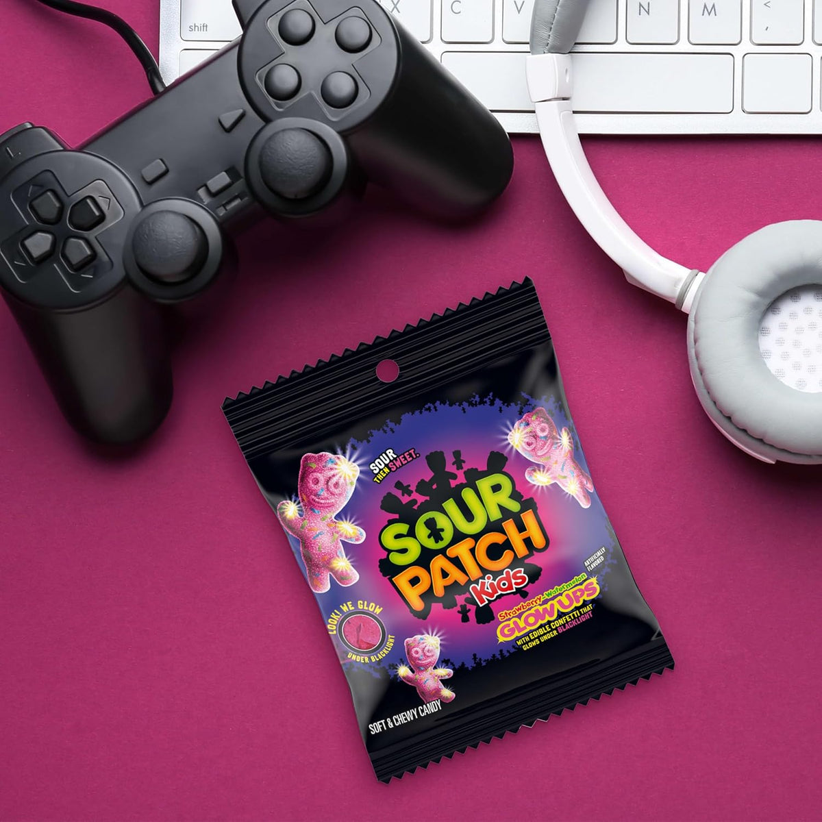 SOUR PATCH KIDS Glow Ups Strawberry-Watermelon Soft & Chewy Candy, Desk-Side Focus Snack for Home Office and Study Sessions, 12-3.08 oz Bags