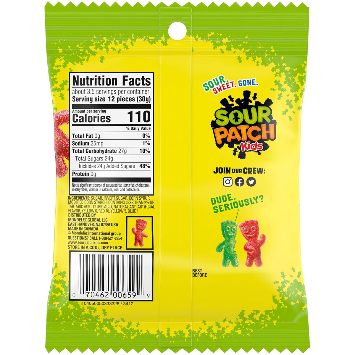 Sour Patch Kids Original Soft & Chewy Candy 3.6oz Multipack – Kid-Safe Sealed Snack Bags for Lunchboxes and Birthday Party Favors
