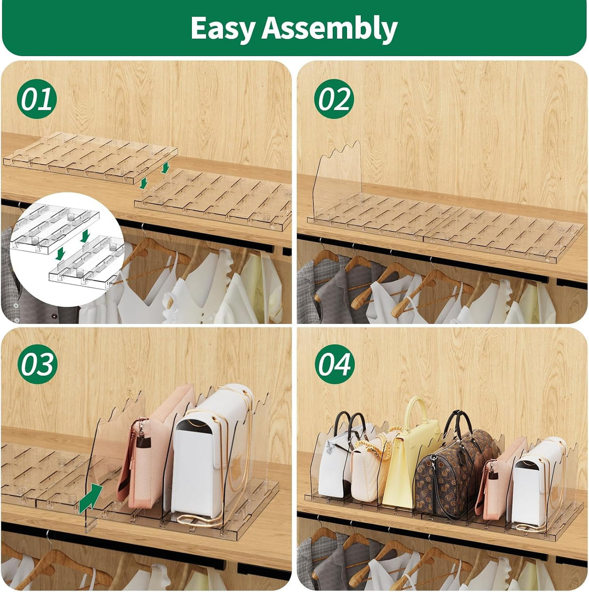 SPACEKEEPER Adjustable Shelf Divider Set – Stylish Valentine's Day Gift for Her, Clear Acrylic Purse and Closet Organizer